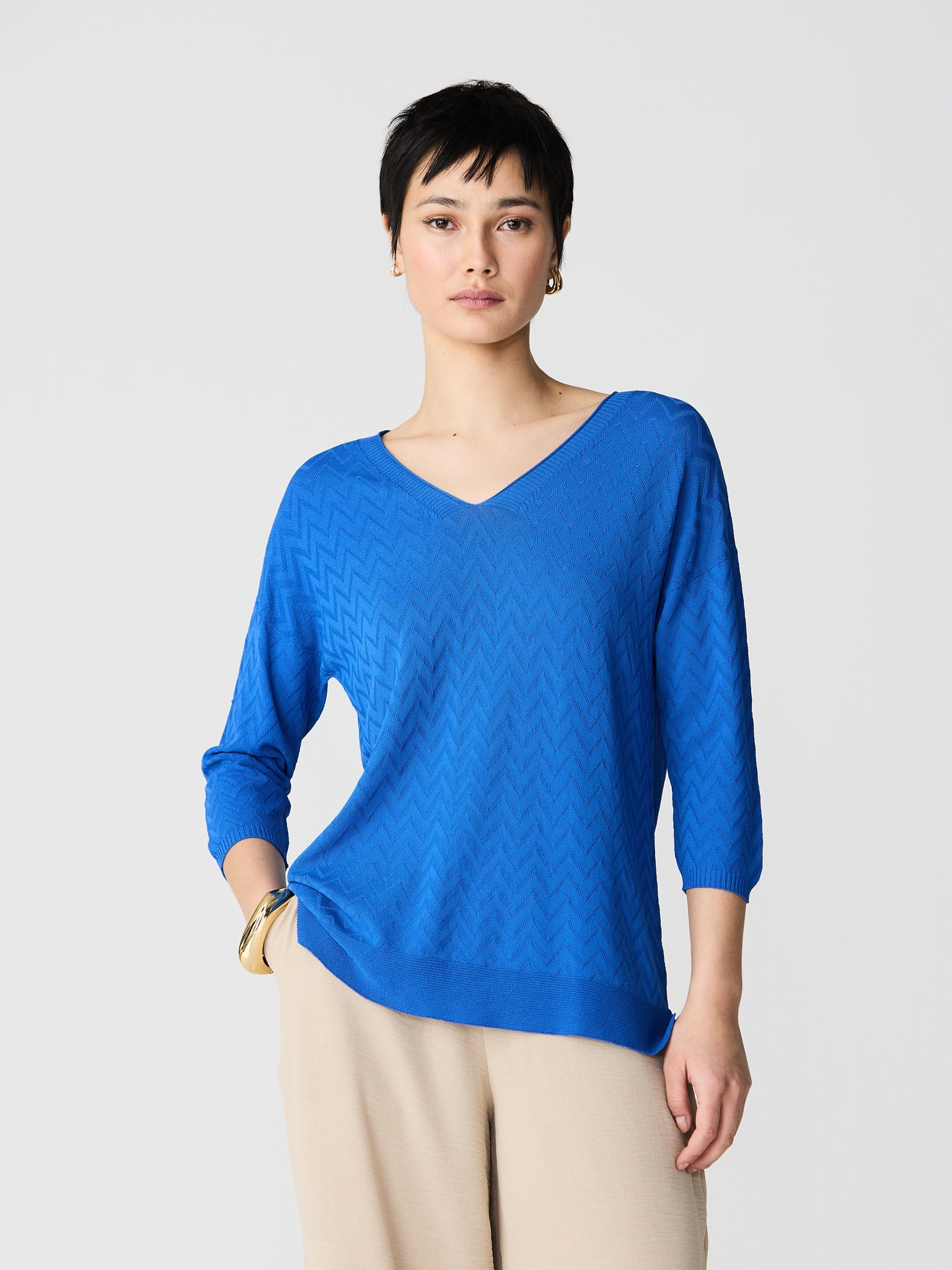 Zig-zag V-neck 3/4 sleeve jersey