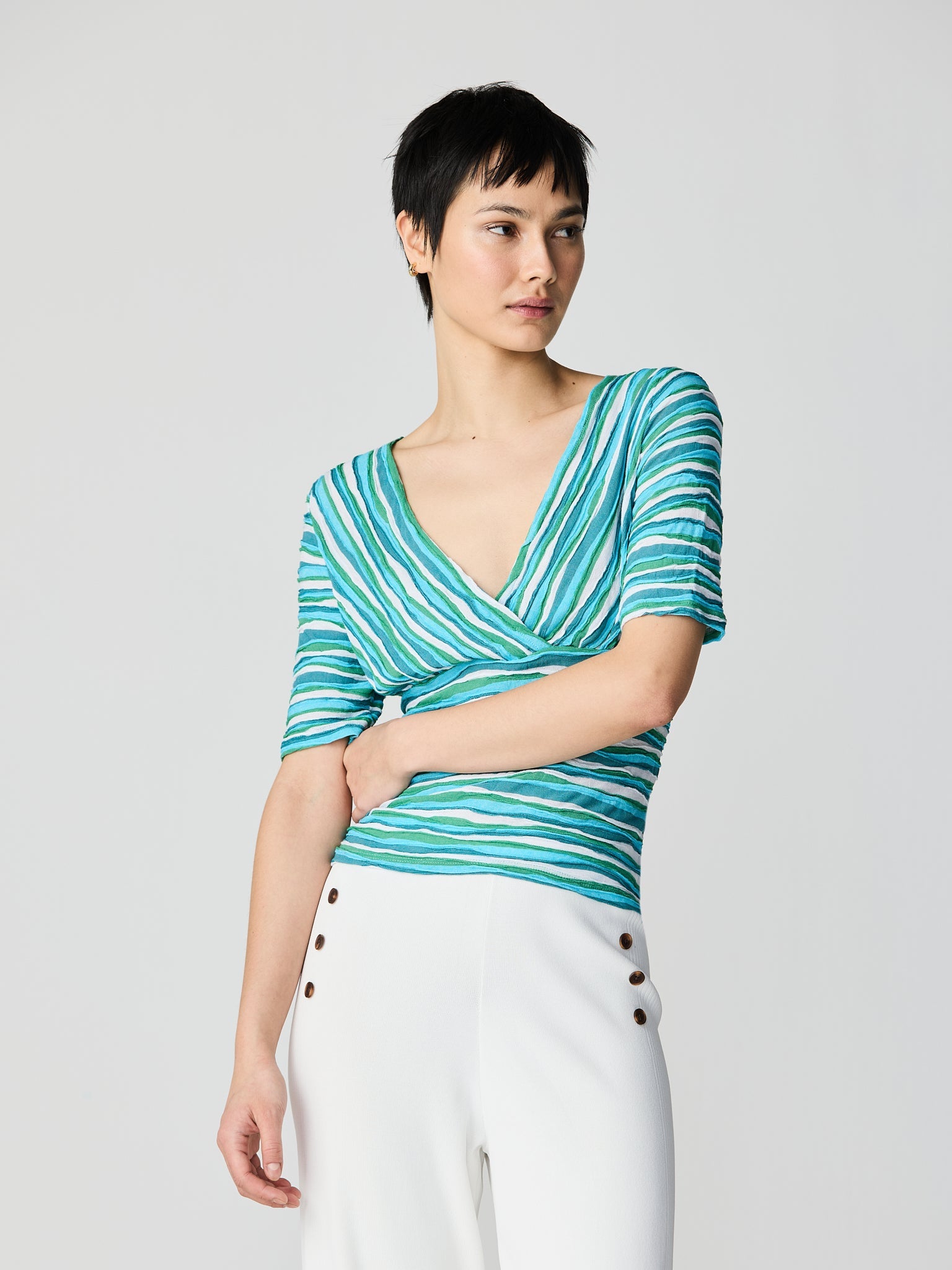 T-shirt with a crossover neckline and elbow-length sleeves