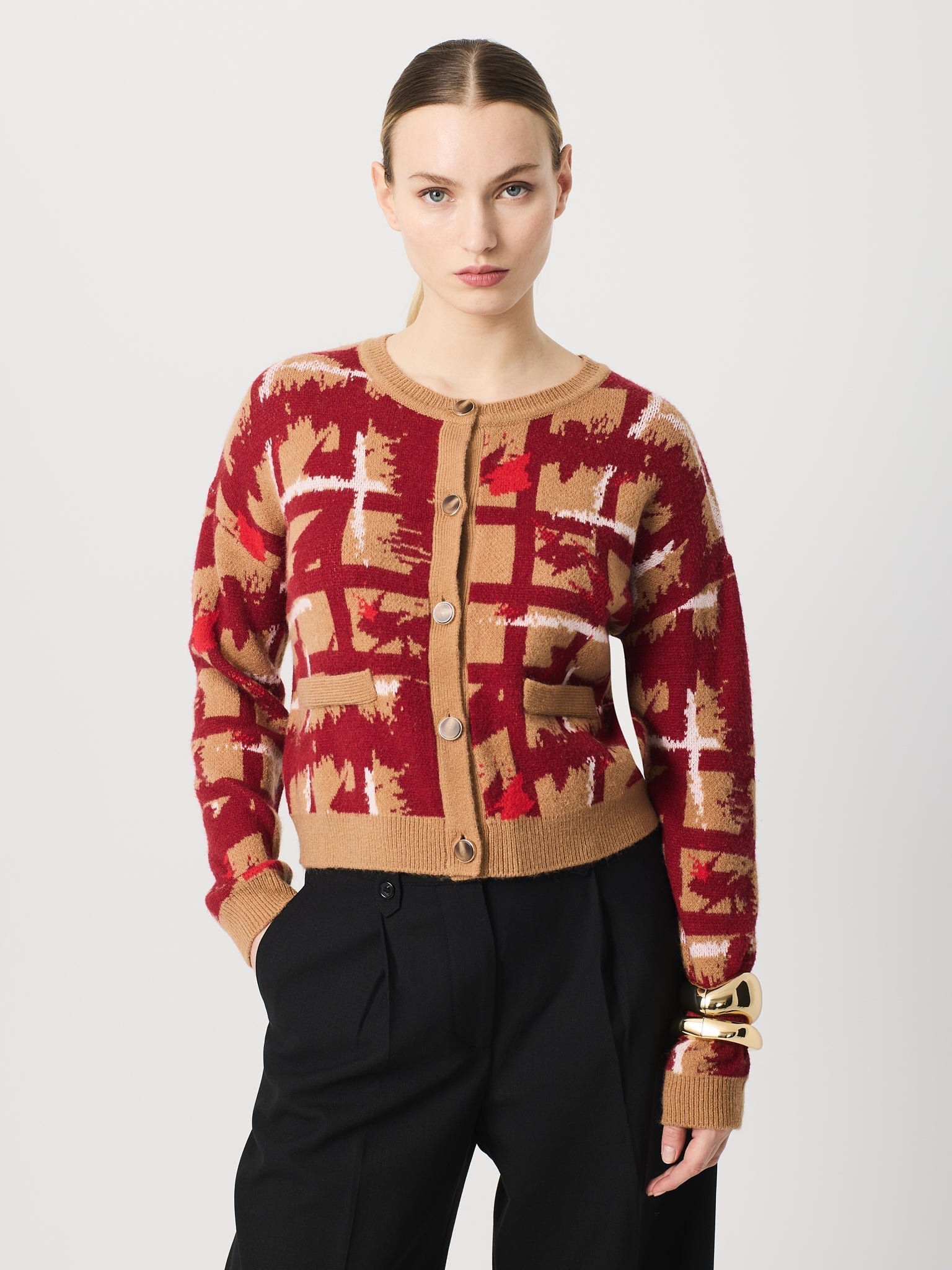Jaqueta de jacquerd de quadre i contrast en tapeta, coll, baixos i punys